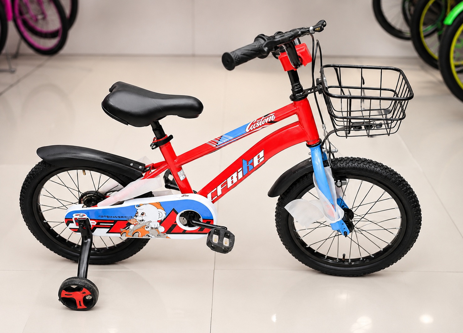 Size 16 CF Bike for kids with training wheels, front basket, red frame, blue fork, and sturdy tires, ideal for young riders.