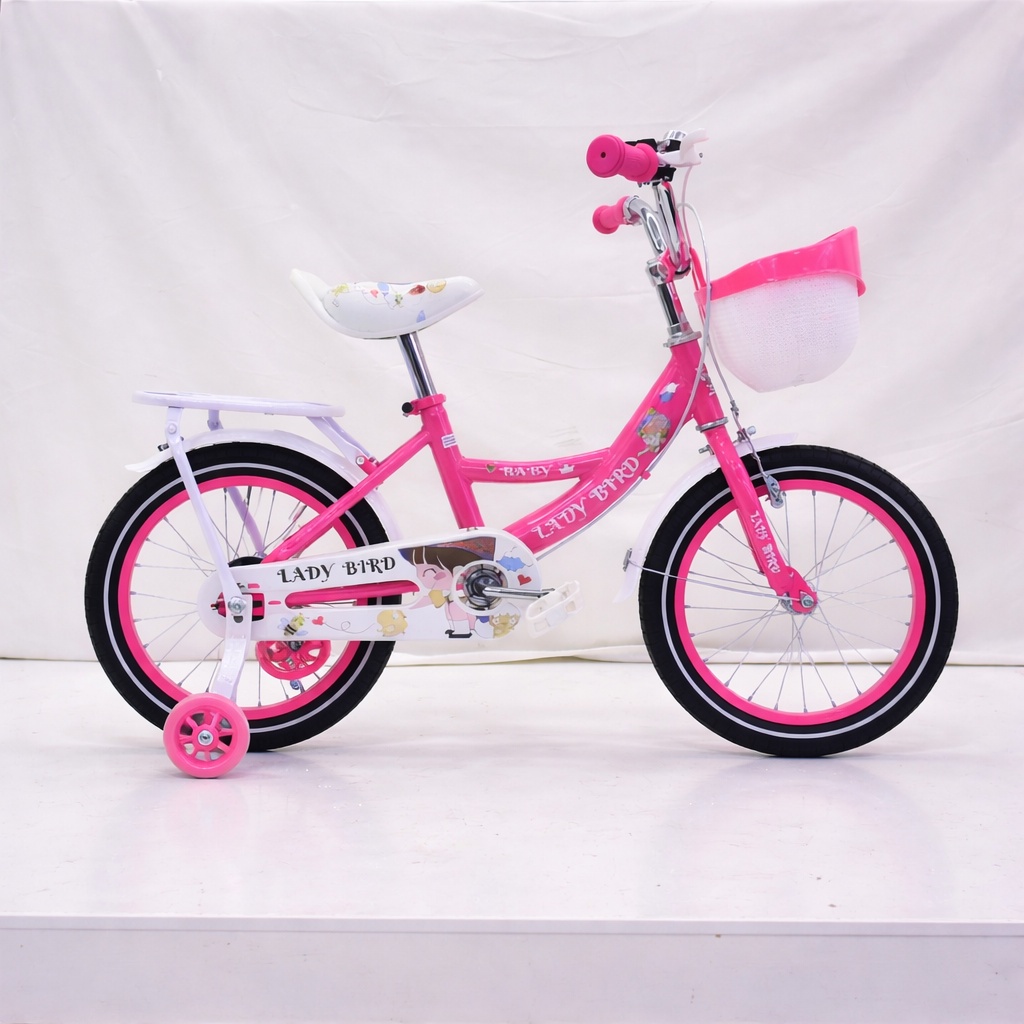 Size 16 Ladybird girls' bicycle with a stylish pink design, sturdy frame, comfortable seat, front basket, and training wheels.