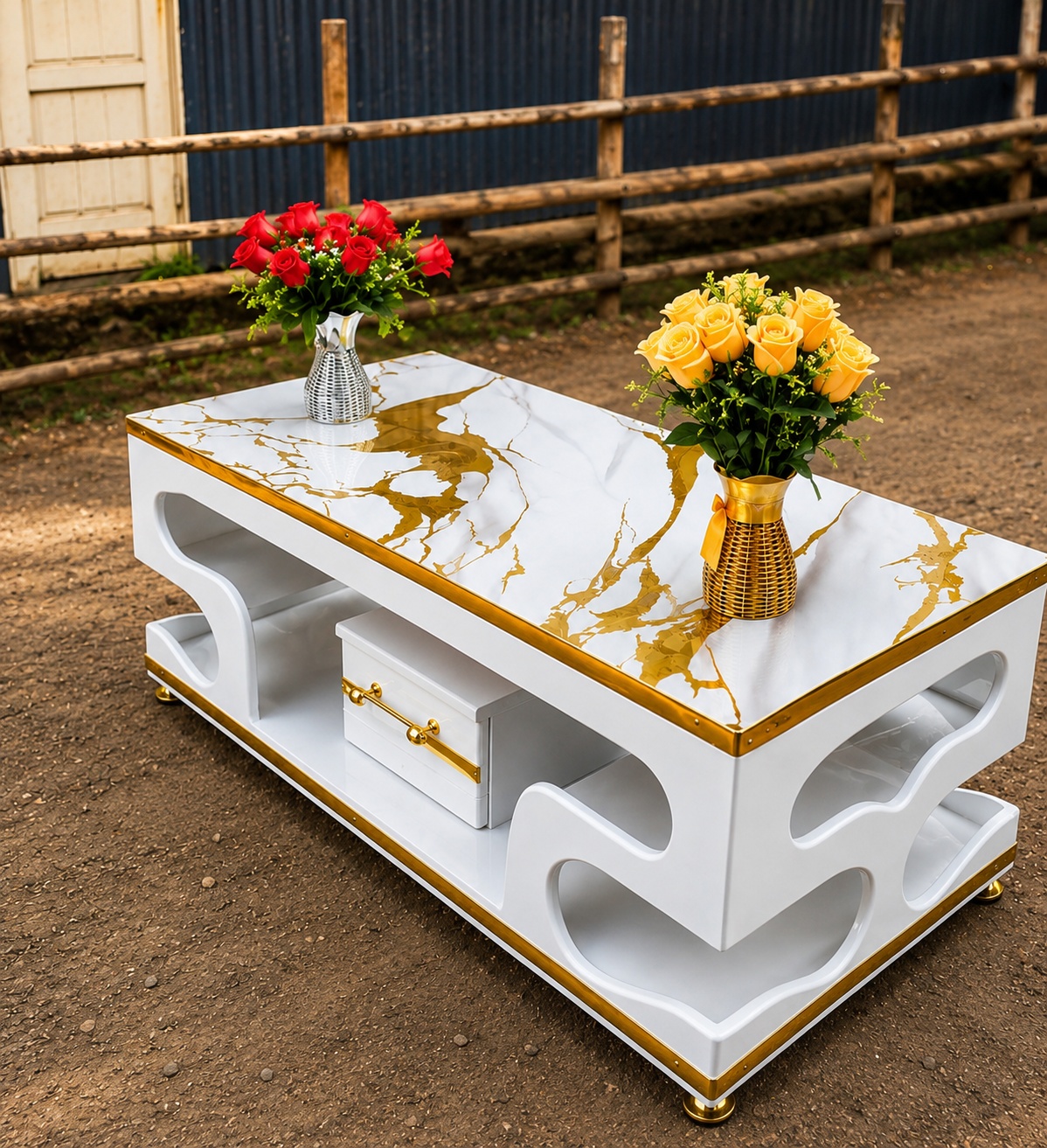 White and gold coffee table with marble-effect top, curved open shelving and central storage drawer