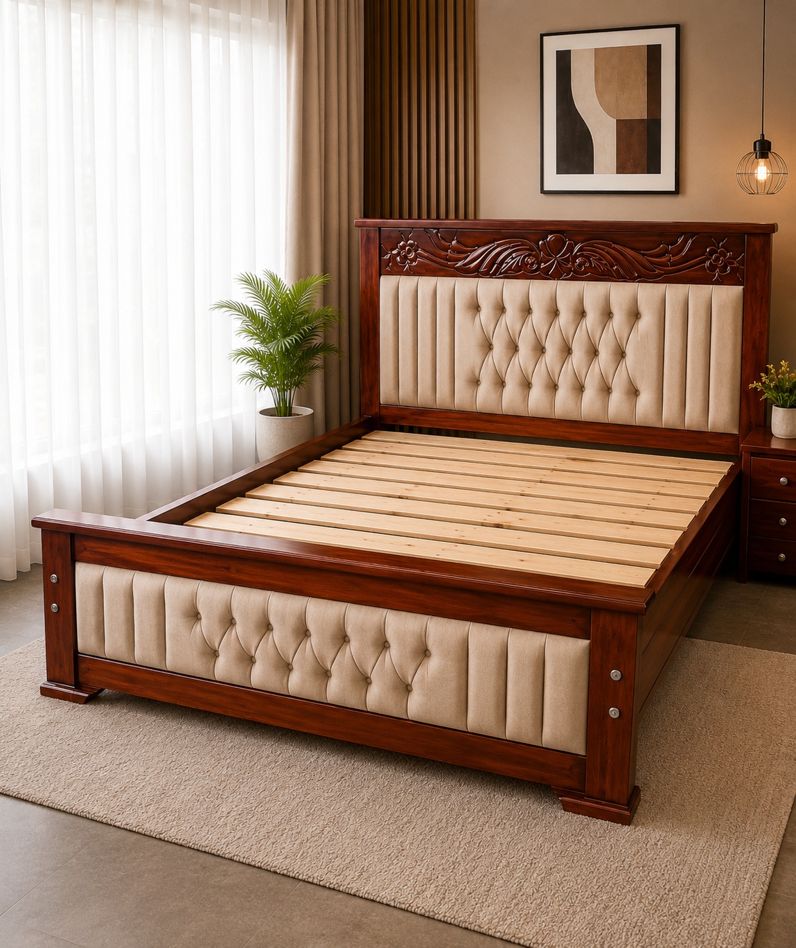 5x6 wooden bed with carved headboard, cream tufted upholstery and matching upholstered footboard