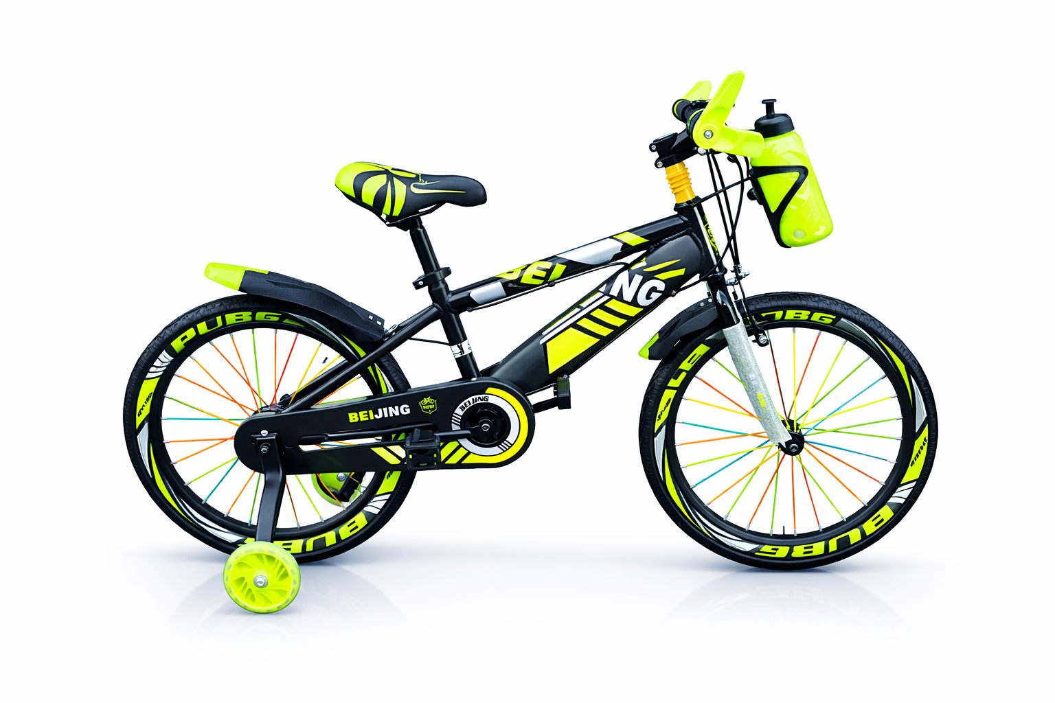 Beijing Size 16 kids bicycle with training wheels, front water bottle, suspension spring, chain guard, front and rear mudguards.