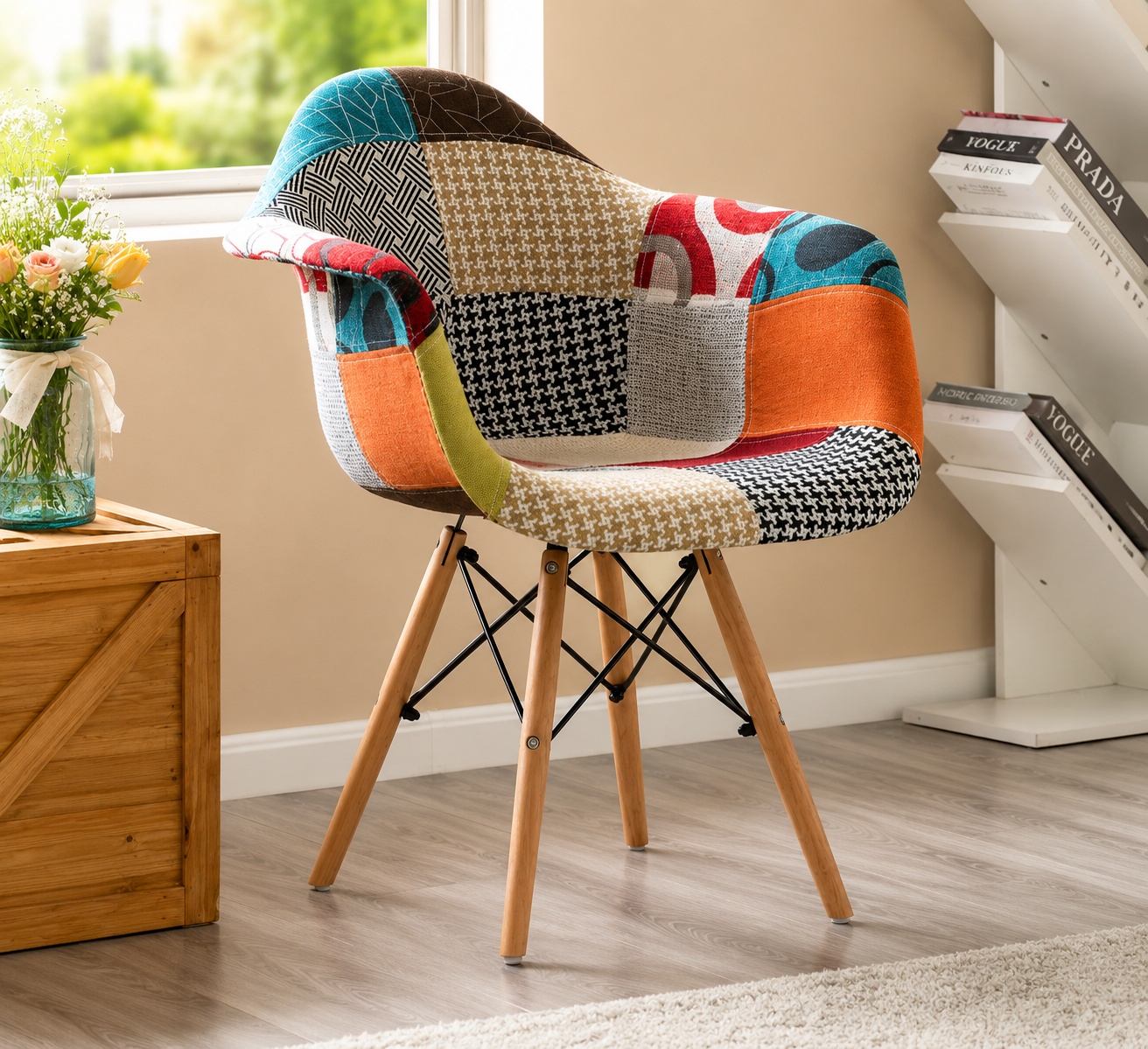 Modern patchwork accent chair featuring colorful fabric upholstery, ergonomic armrests, and natural wooden legs, ideal for living rooms, bedrooms, offices, and