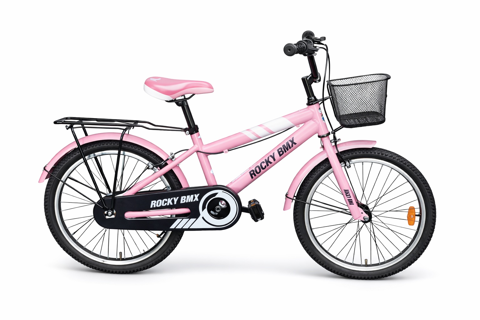 Rocky BMX 20-inch pink girls bicycle with front basket, rear carrier, enclosed chain guard, and mudguards.