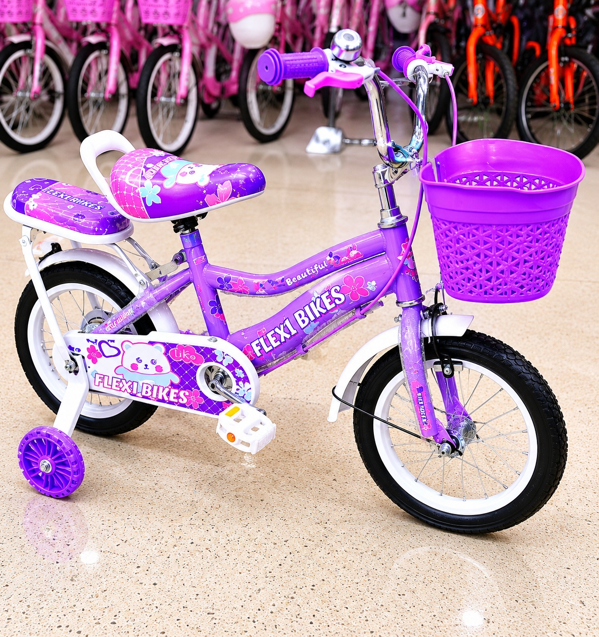 Flexi Size 12 Kids Bicycle with sturdy steel frame, colorful design, comfortable seat, and training wheels, perfect for young children learning to ride safely