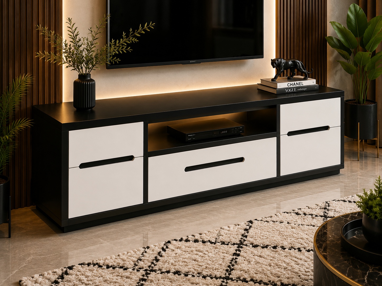 Modern black and white TV console with three spacious storage sections and open center shelf