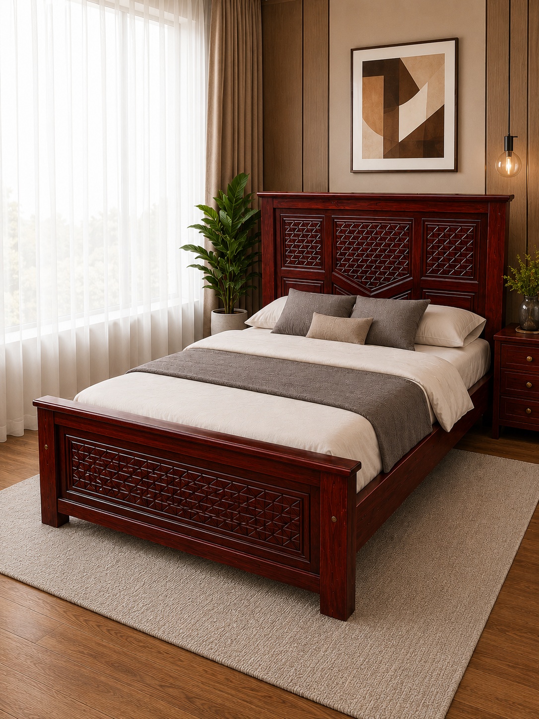 5x6 dark mahogany wooden bed with intricately carved geometric headboard and matching footboard