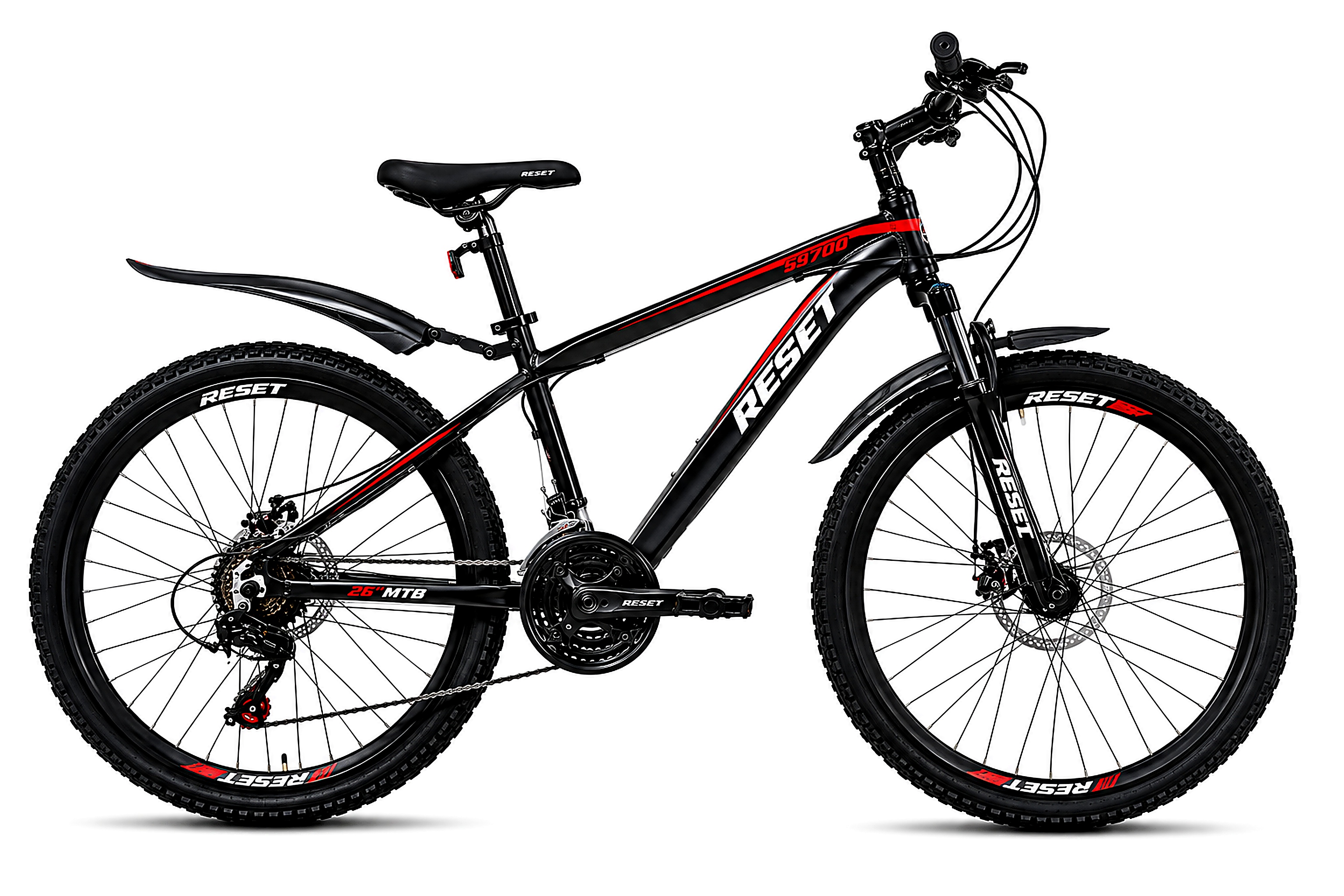 RESET 26-inch mountain bike in black with red accents, front suspension fork, 21-speed gear system, front and rear disc brakes, and all-terrain tyres.