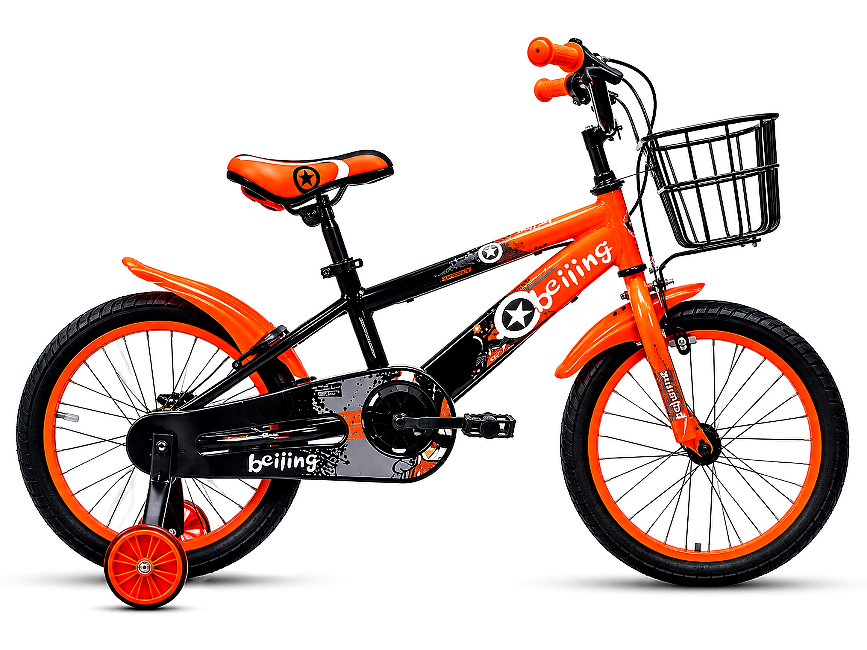 Beijing 16-inch kids bicycle in orange and black with training wheels, front basket, chain guard, mudguards, and adjustable saddle.