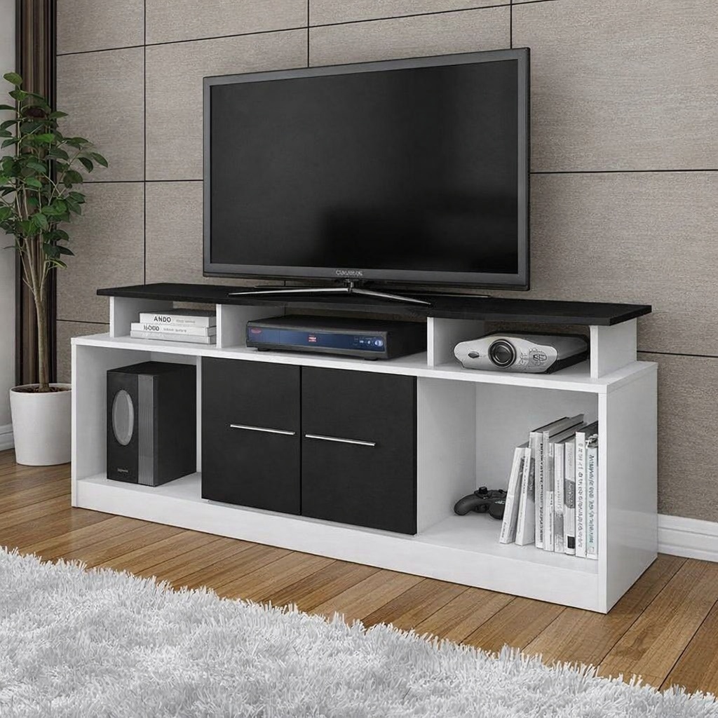 Modern black and white TV stand with open storage shelves, double-door cabinet, and media display compartments.