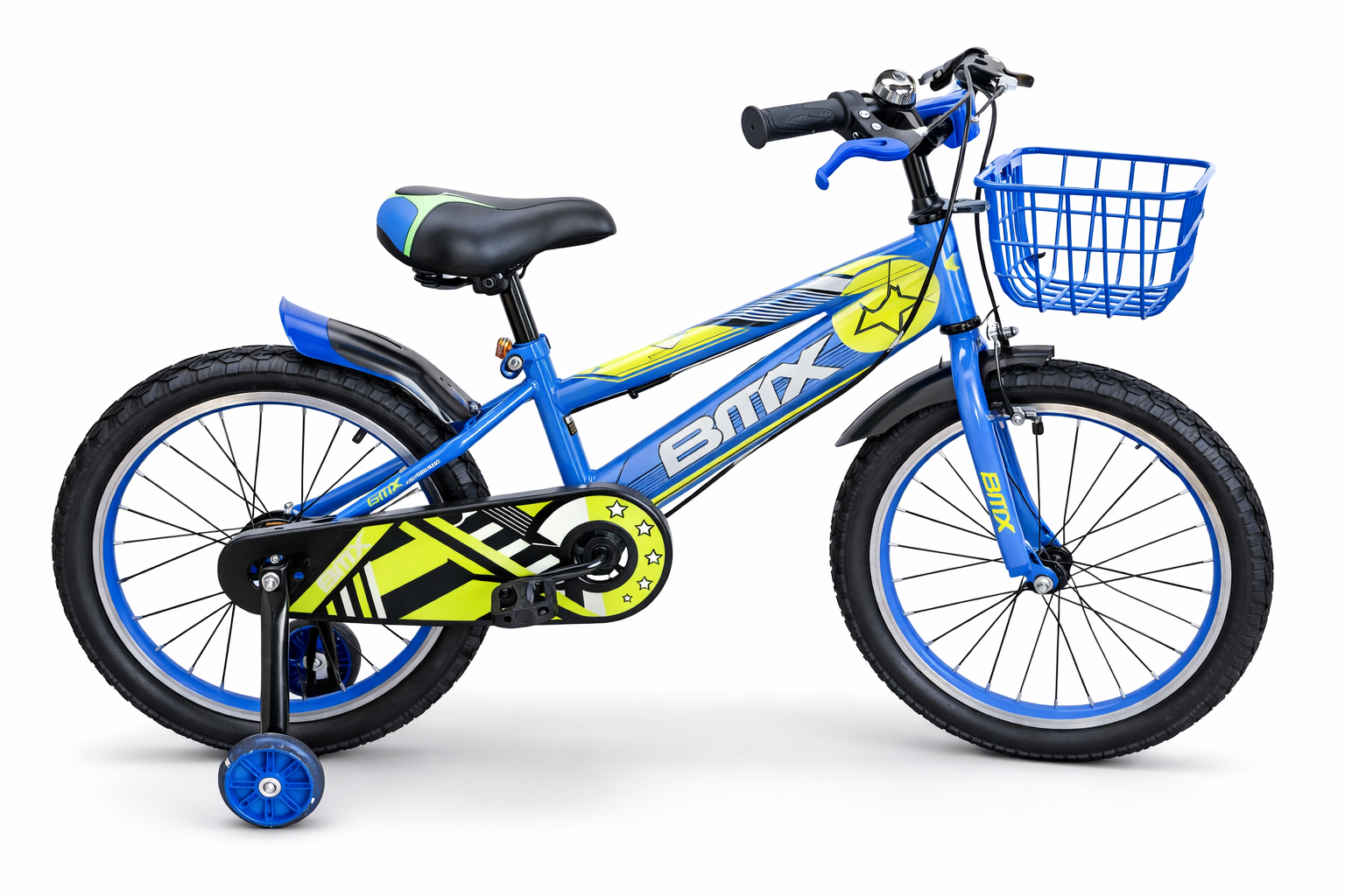 BMX-style kids' bicycle with training wheels, front basket, black chain guard, sporty graphics, and durable tires.