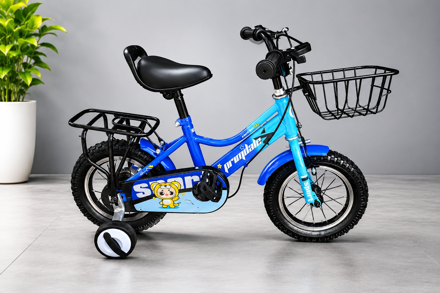 Primdale 12-inch blue kids bicycle with removable training wheels, front basket, rear carrier, enclosed chain guard, and mudguards.