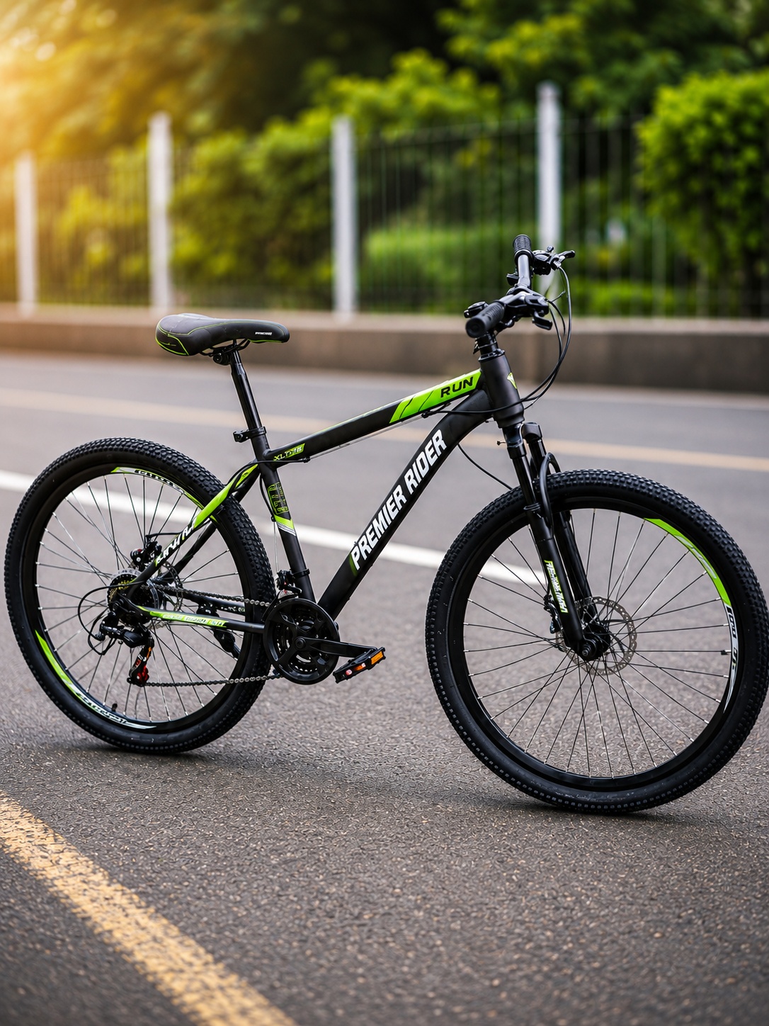 Premier Rider Run 26-inch black and green mountain bike with front suspension, 21-speed gears, and front & rear mechanical disc brakes.