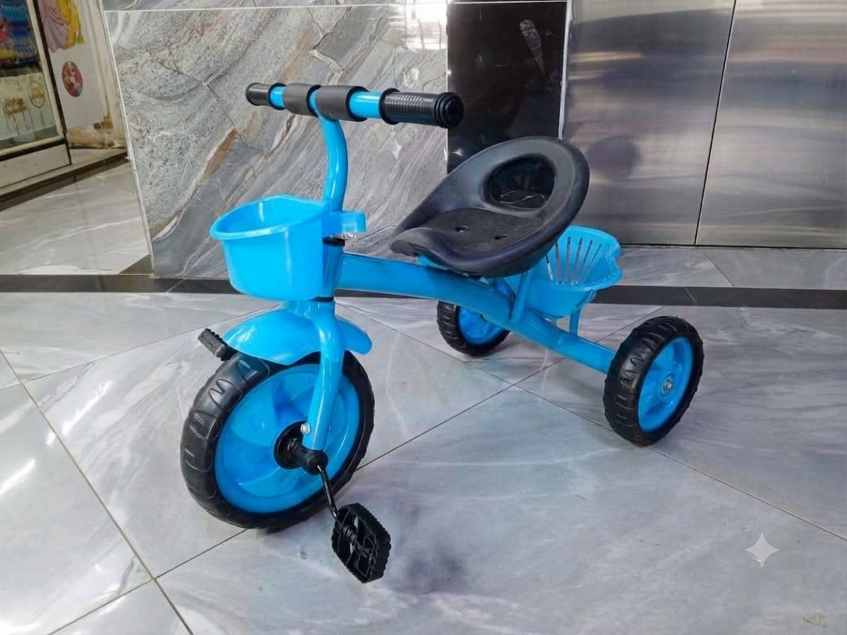 "Kids tricycle with parental handle, canopy, safety guard, and comfortable seat for toddlers aged 2-5 years."