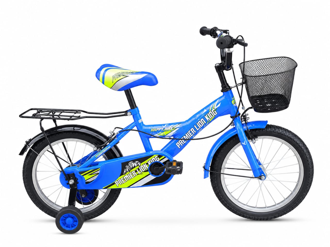Size 16 kids bicycle with training wheels, front basket, rear carrier rack, chain guard, comfortable padded seat, and durable tires, designed for young children