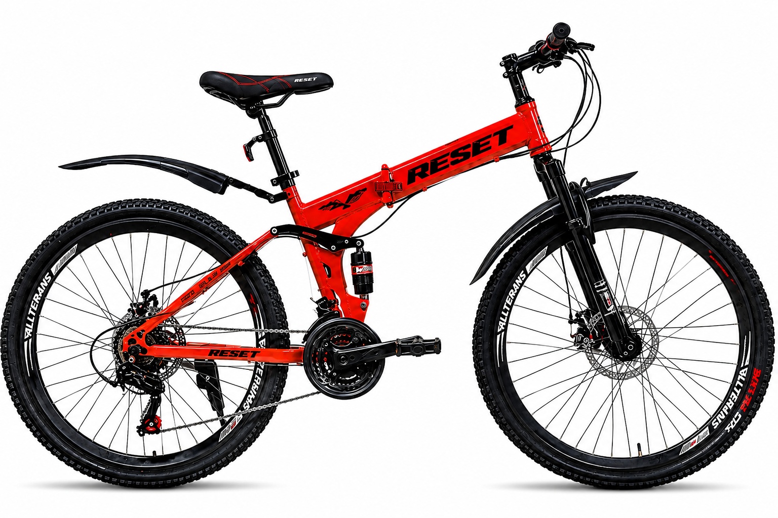 Red and black Reset 26-inch foldable mountain bike with full suspension, disc brakes and rugged tyres