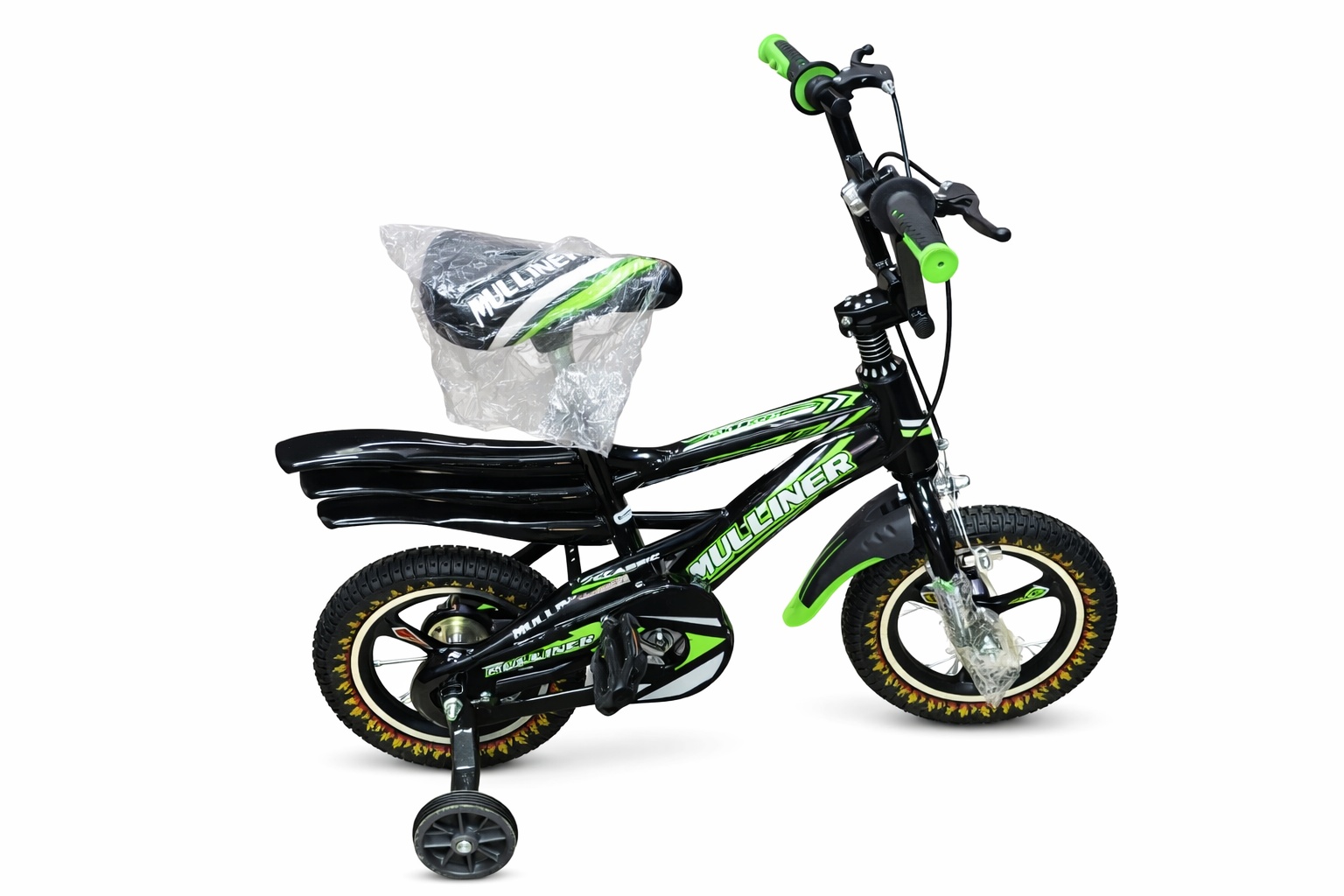 Mullinear Size 12 Kids Bike with sturdy frame, training wheels, comfortable seat, and colorful design, perfect for young beginner riders.