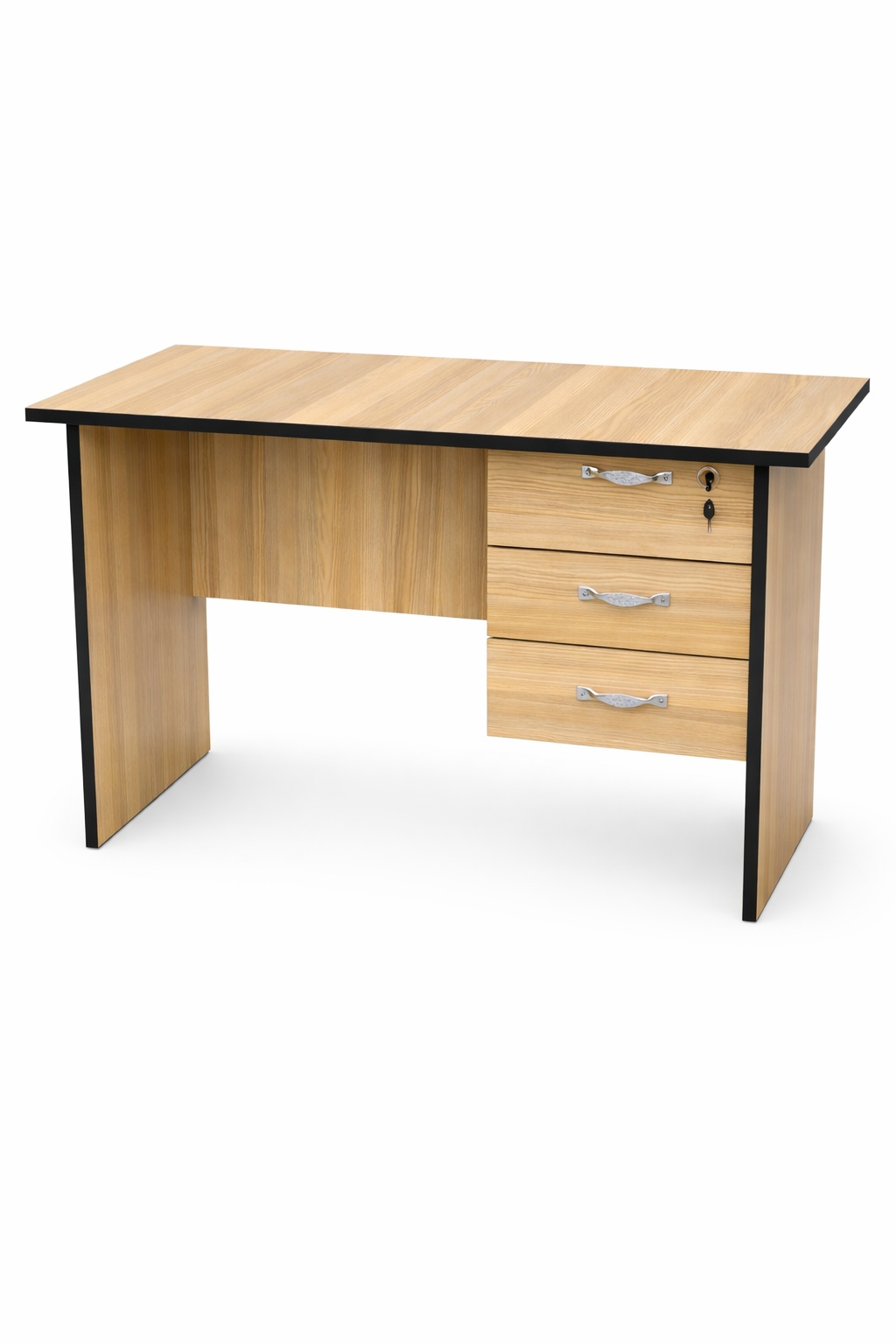 1-meter executive office desk in oak wood finish with three lockable storage drawers and black edge trim.