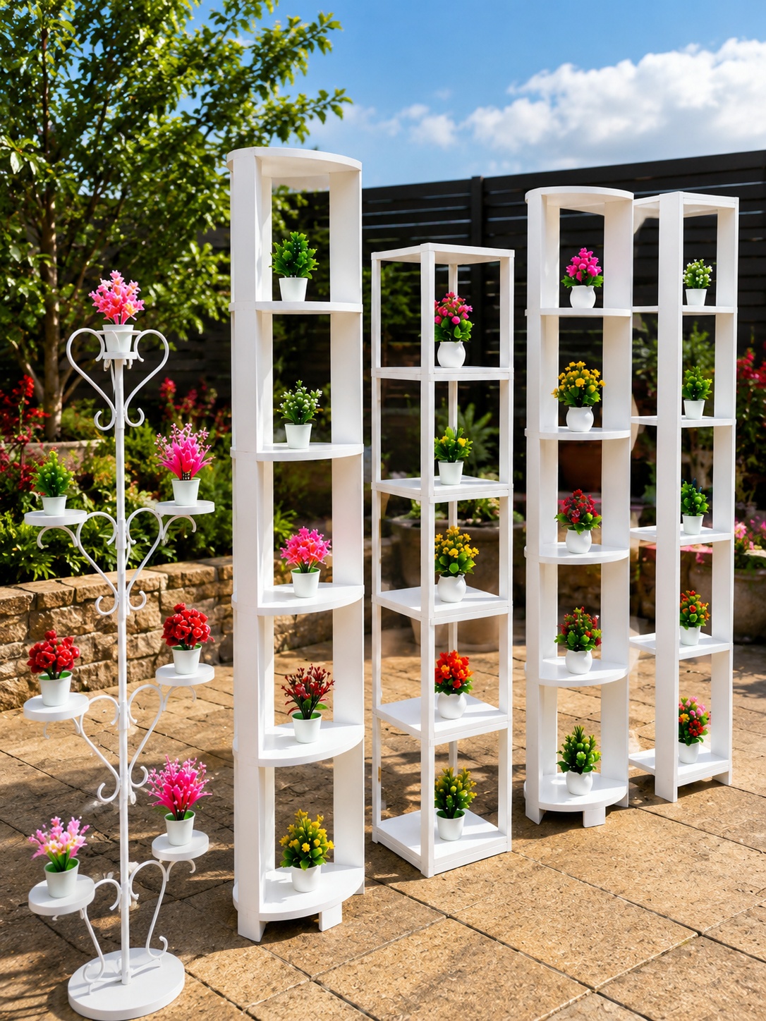 White multi-tier flower stands and plant display shelves for indoor and outdoor décor