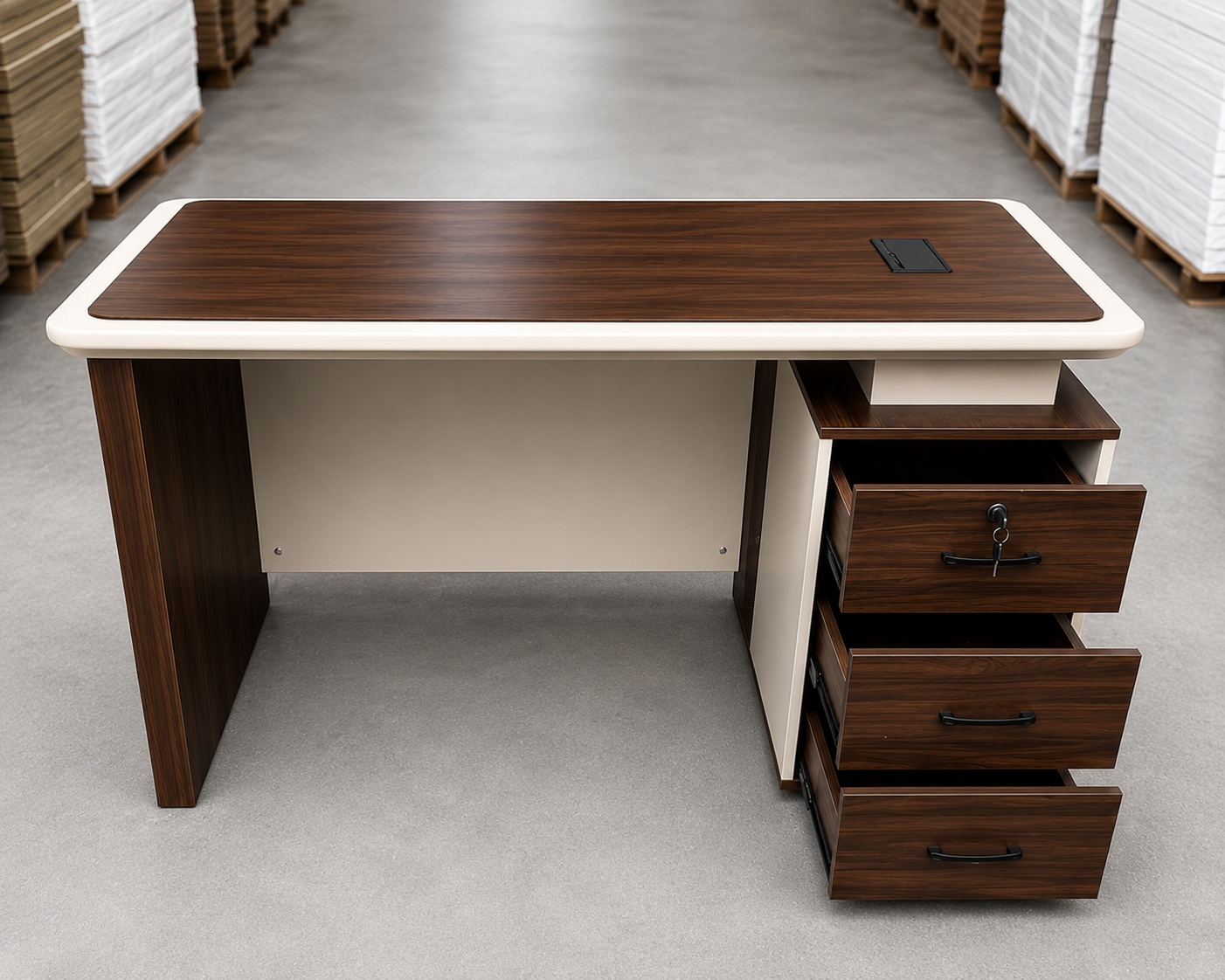 Modern executive office desk in walnut and white finish with three lockable drawers, open storage shelf, cable management port, and spacious work surface.