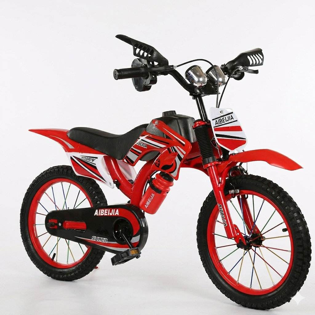 Size 20 kids racing bicycle with a motocross-inspired sporty frame, front suspension styling, colorful wheel spokes, durable all-terrain tires, chain guard.