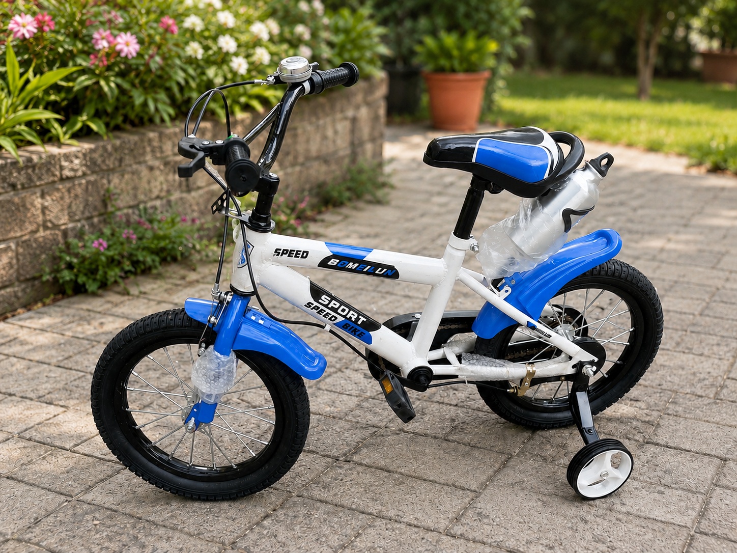 Size 14 Sport Bike for kids with sturdy frame, training wheels, comfortable seat, and sporty design for safe and enjoyable riding.