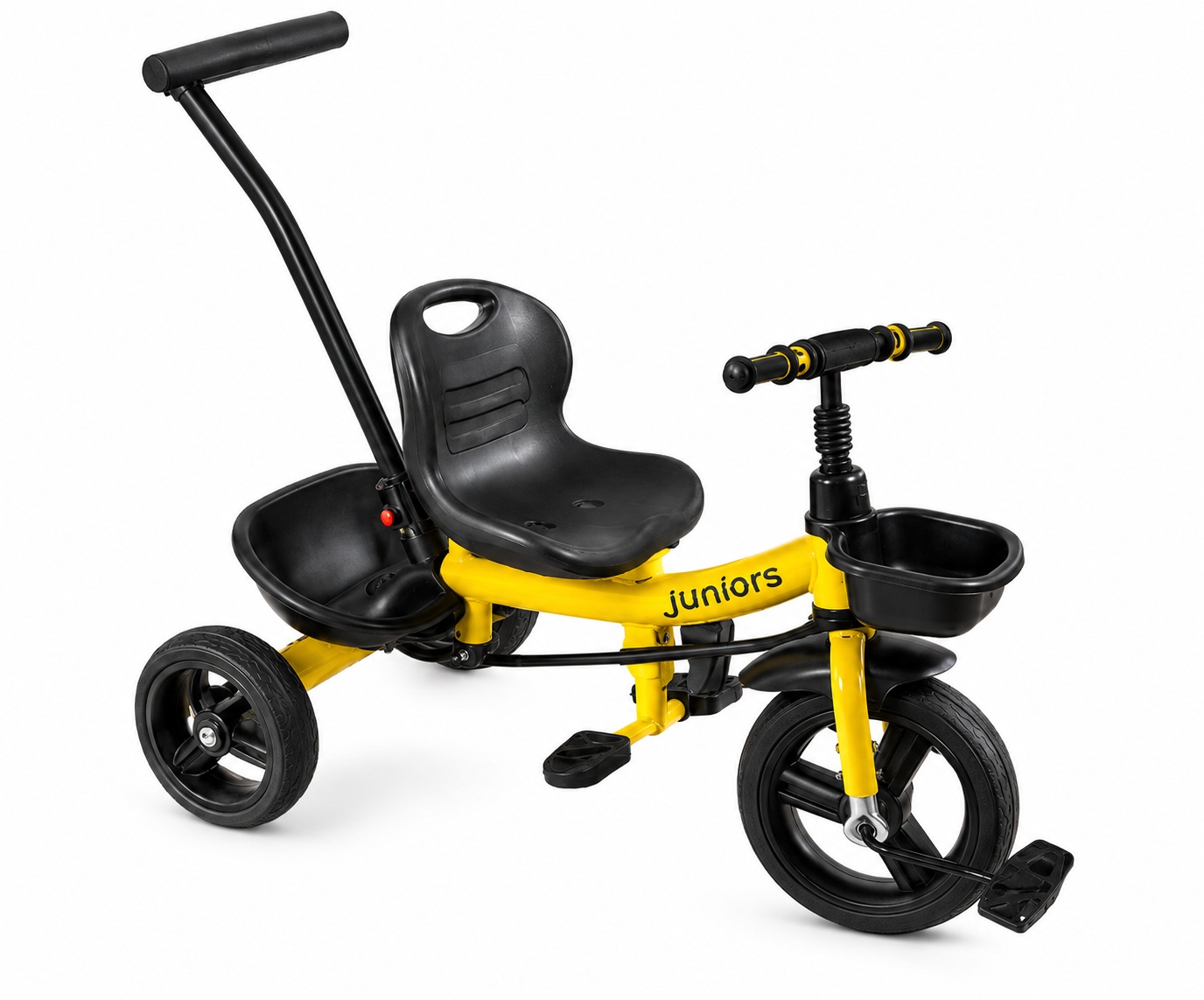 Yellow and black kids tricycle with parent push handle, rear storage basket, front basket and comfortable child seat