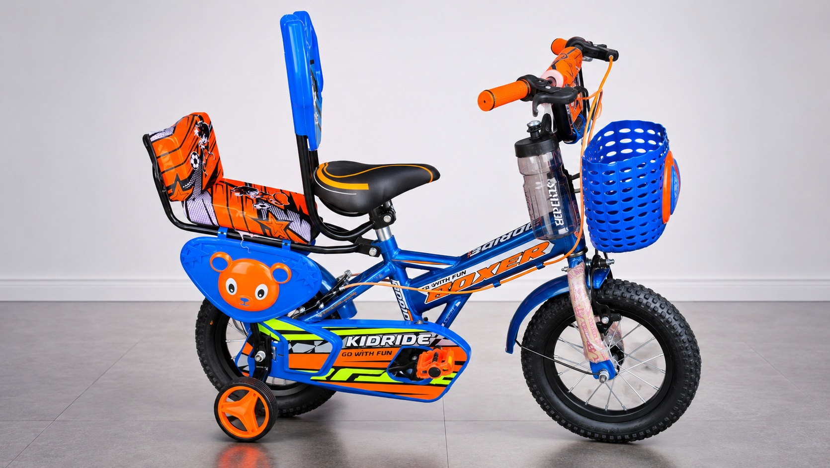 Kidride Size 12 kids bicycle with sturdy frame, colorful design, comfortable seat, and training wheels for beginner riders.