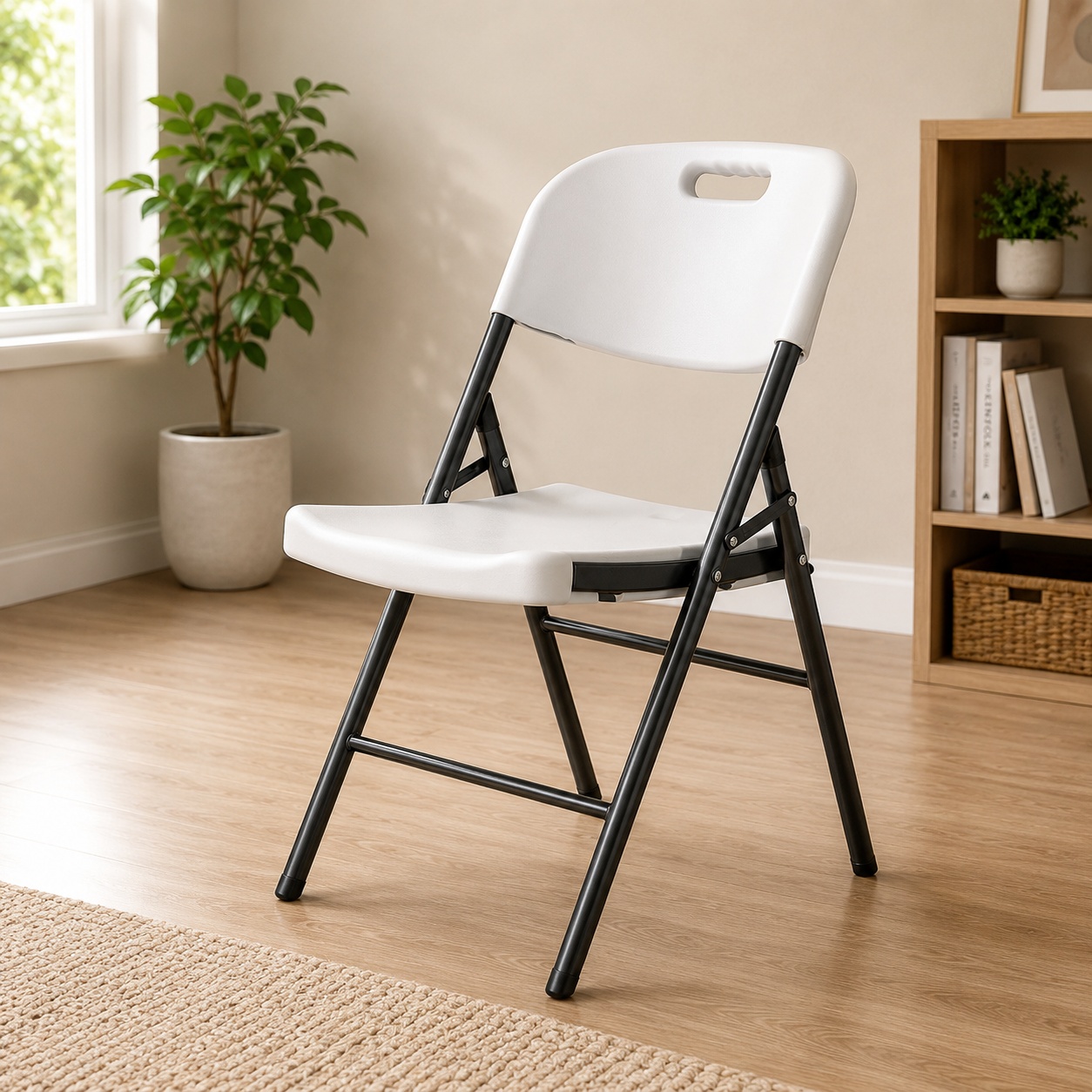 Premium white plastic folding chair with black powder-coated steel frame, portable design, and durable construction for events and commercial use.