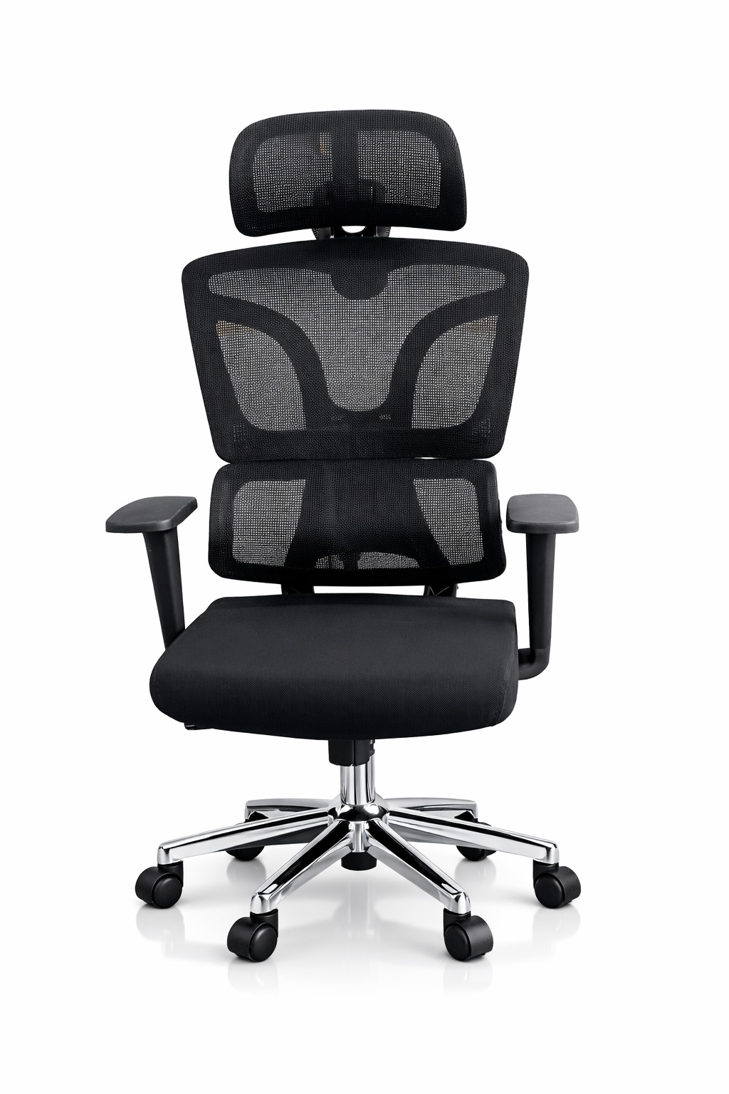 Black executive mesh office chair with adjustable headrest, ergonomic backrest, padded seat, armrests, chrome base, and caster wheels.