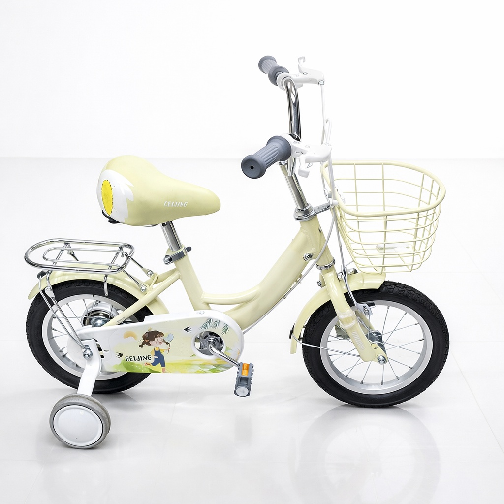 Beijing Ladies Size 12 bicycle with a sturdy steel frame, comfortable saddle, stylish design, and training wheels, ideal for young girls learning to ride safely