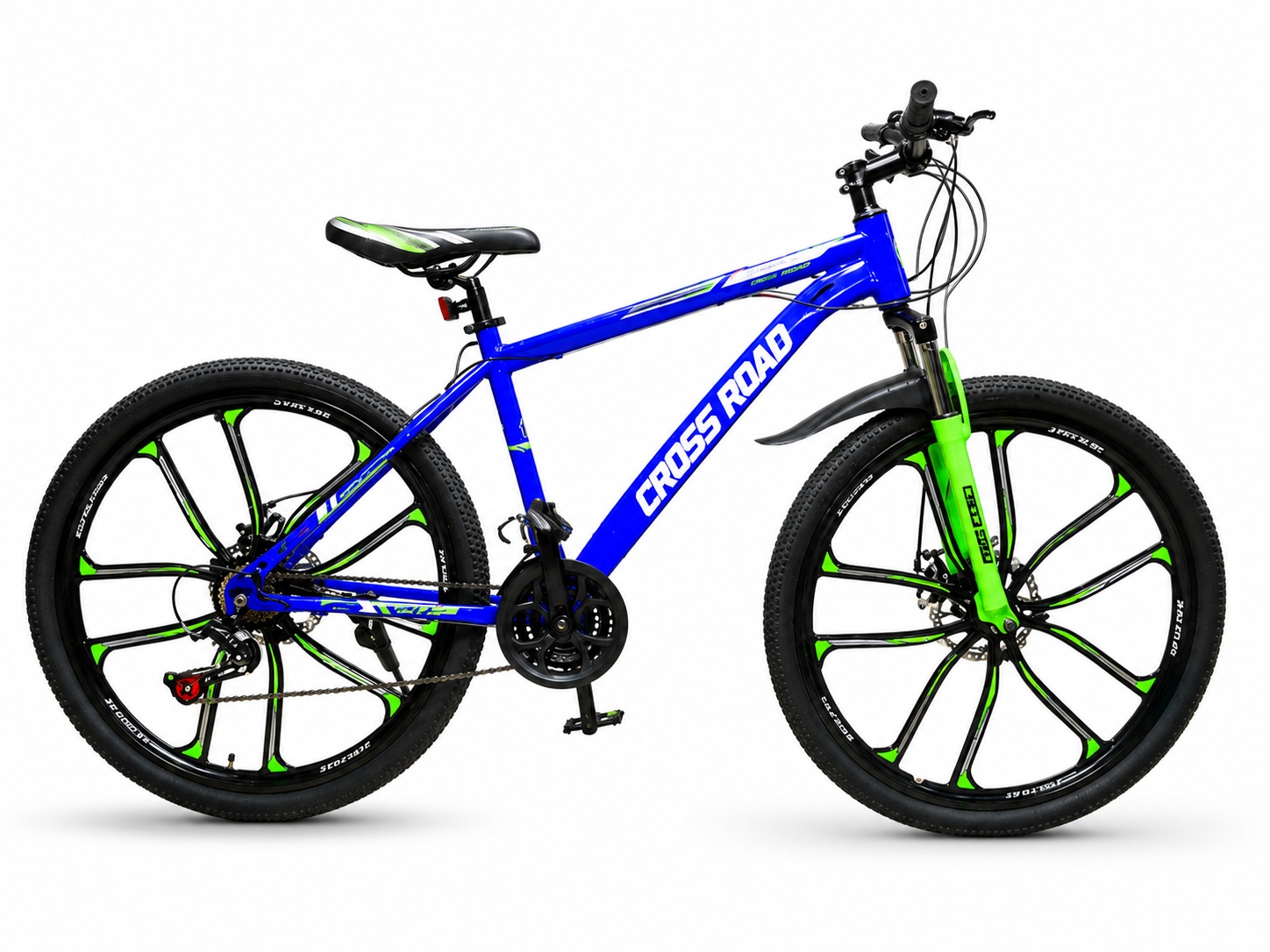 Blue and green 26-inch CrossRoad mountain bike with chrome-style rims, suspension fork, knobby tyres and black saddle