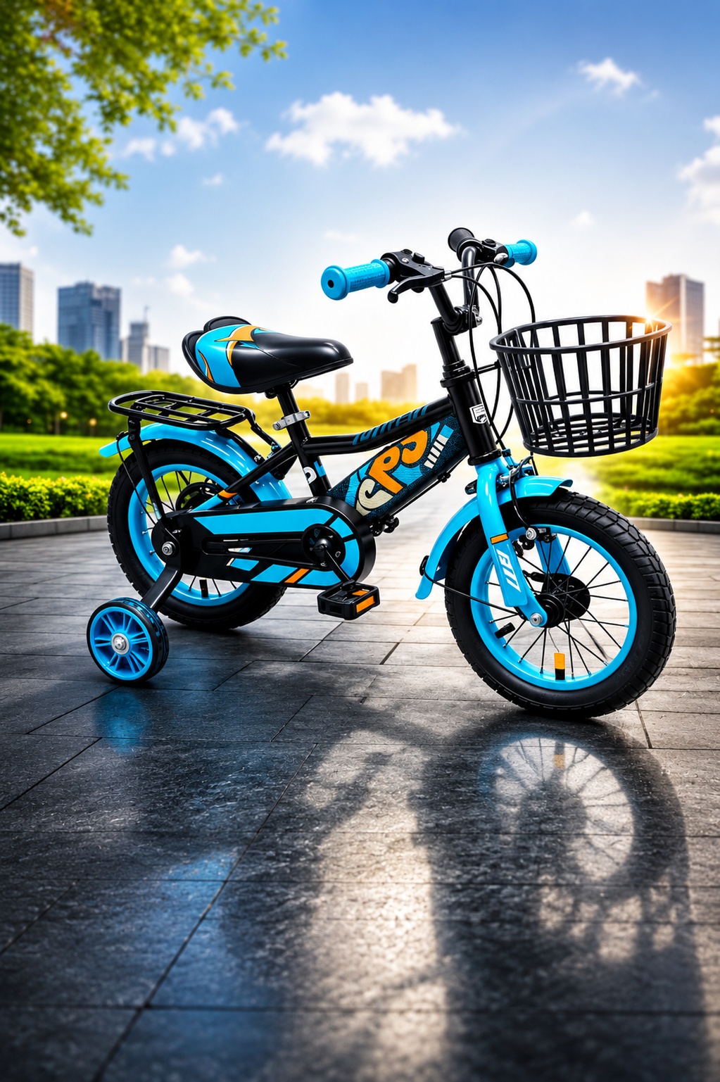 Fulmot 12-inch blue and black children's bicycle with removable training wheels, front basket, rear carrier, enclosed chain guard, and mudguards.