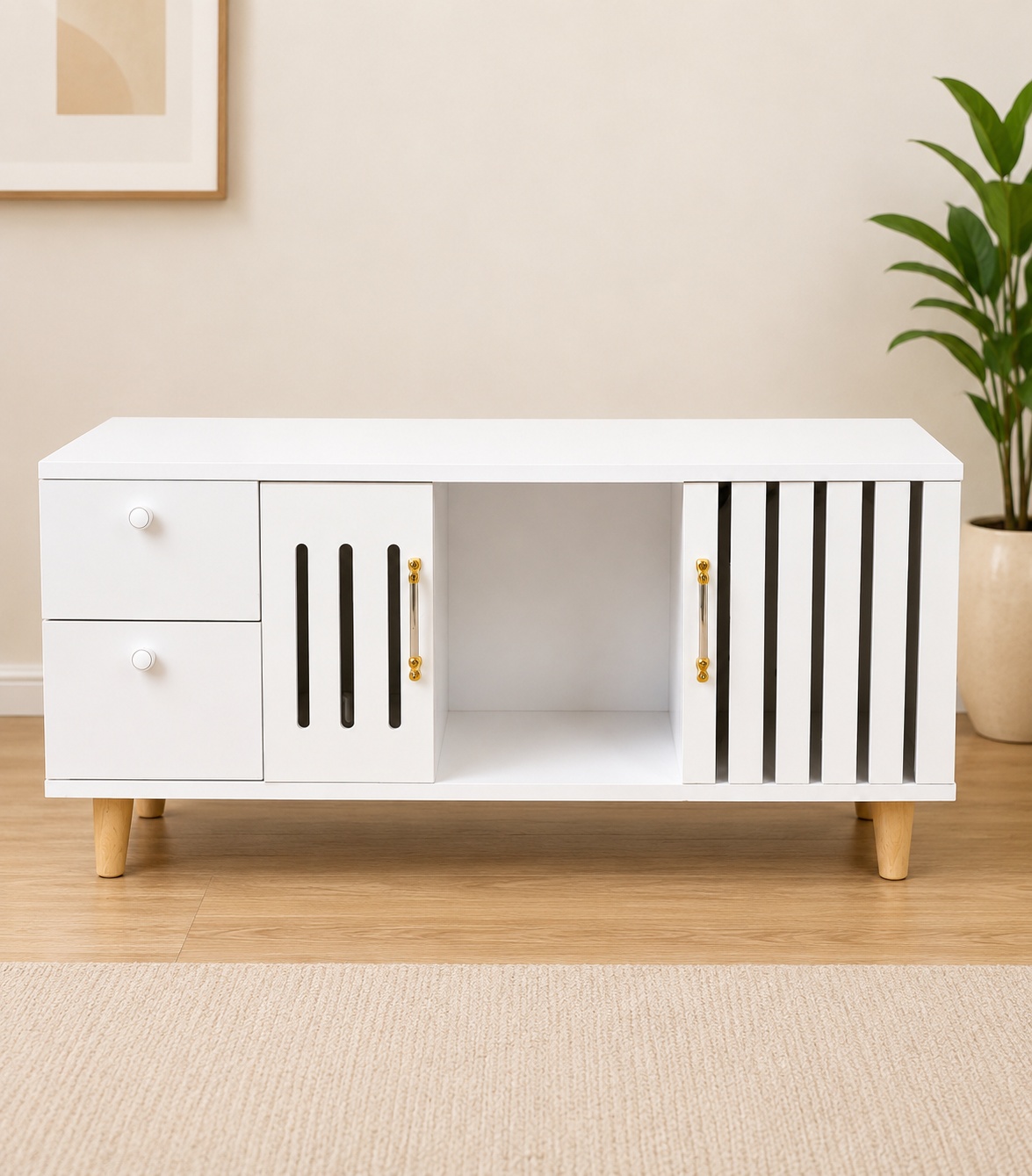 4ft modern white executive storage cabinet with two drawers, decorative side-door compartments, gold handles, and an open center shelf for office and home organ