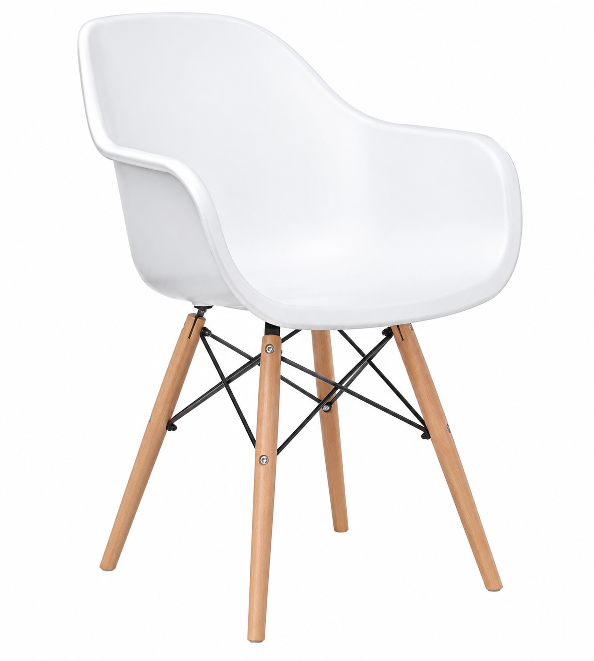 Modern white Eames style dining chair with ergonomic molded seat, wooden legs, and black metal support frame.