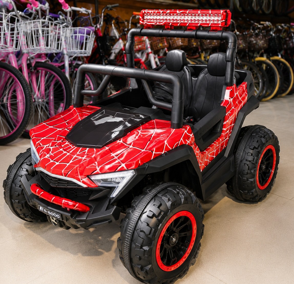 Red Spider Style 2-seater kids electric ride-on car with LED light bar, rugged off-road tyres, dual seats, and realistic SUV design.