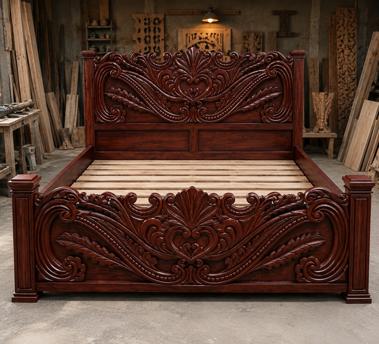 Royal Crest 5x6 dark mahogany wooden bed with ornate hand-carved headboard and matching footboard