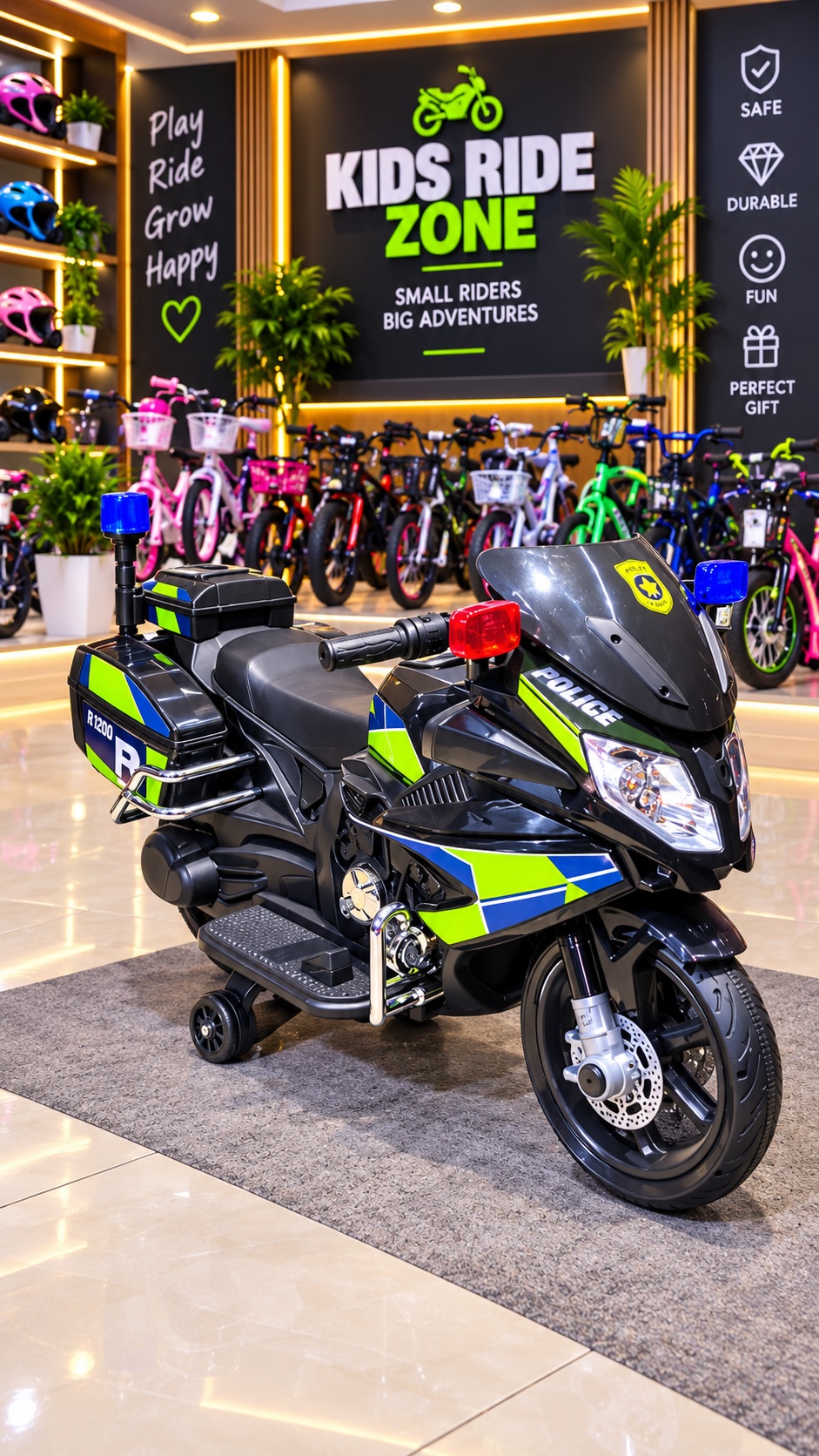Black and green kids electric police motorcycle with training wheels and realistic police styling