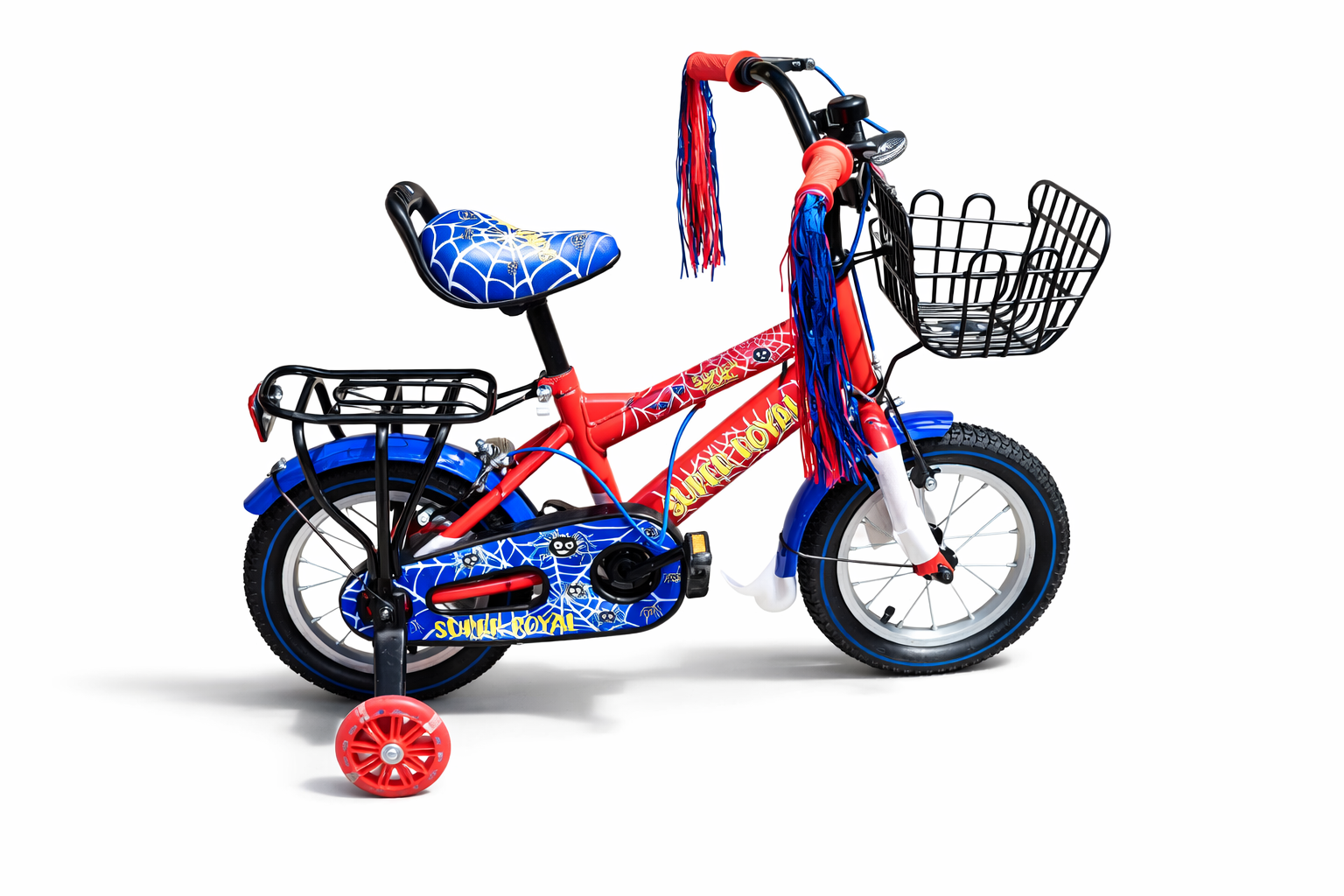 Red and blue kids' bicycle with training wheels, front basket, rear carrier rack, colorful handlebar streamers, Spider-Man-inspired graphics, chain guard cover.