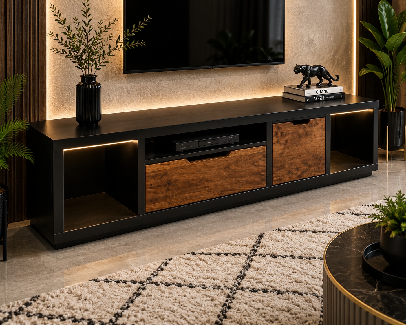 Black TV console with natural wood drawers, open shelving and warm LED accent lighting