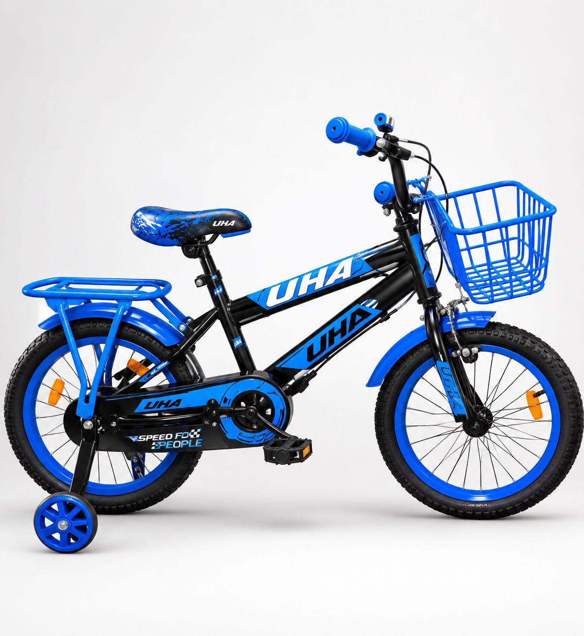 Blue and black UHA 16-inch kids bicycle with training wheels, front basket, rear carrier and mudguards