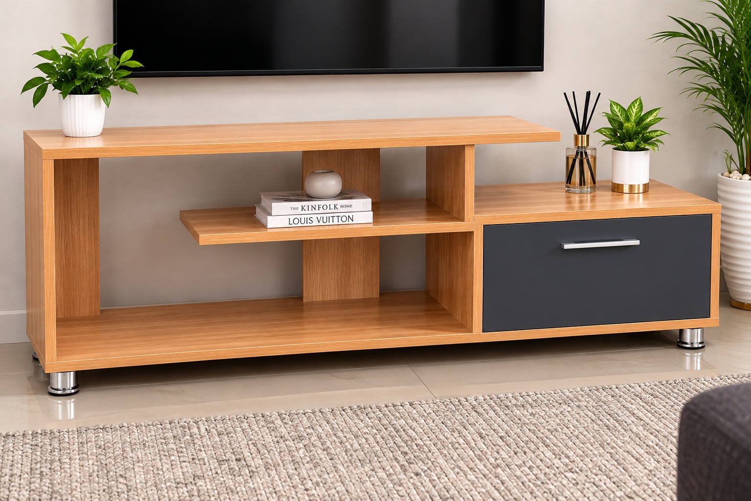 Modern wooden TV stand with black storage cabinet, open shelves and silver metal legs