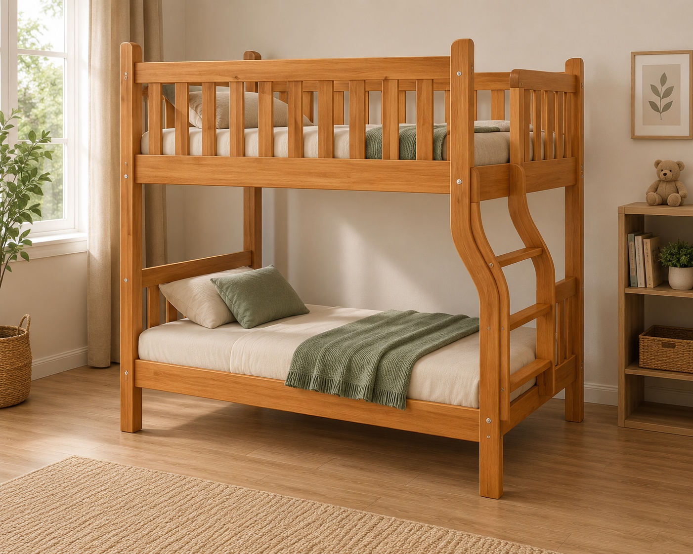 Solid wooden bunk bed featuring a 4ft x 6ft lower sleeping deck and a 3.5ft x 6ft upper sleeping deck with integrated ladder and slatted safety rails.