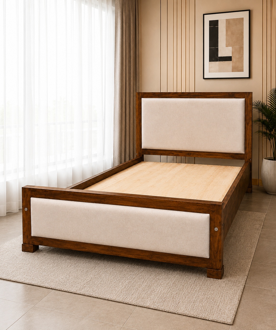 5x6 wooden bed with rich walnut finish, cream upholstered headboard and matching padded footboard