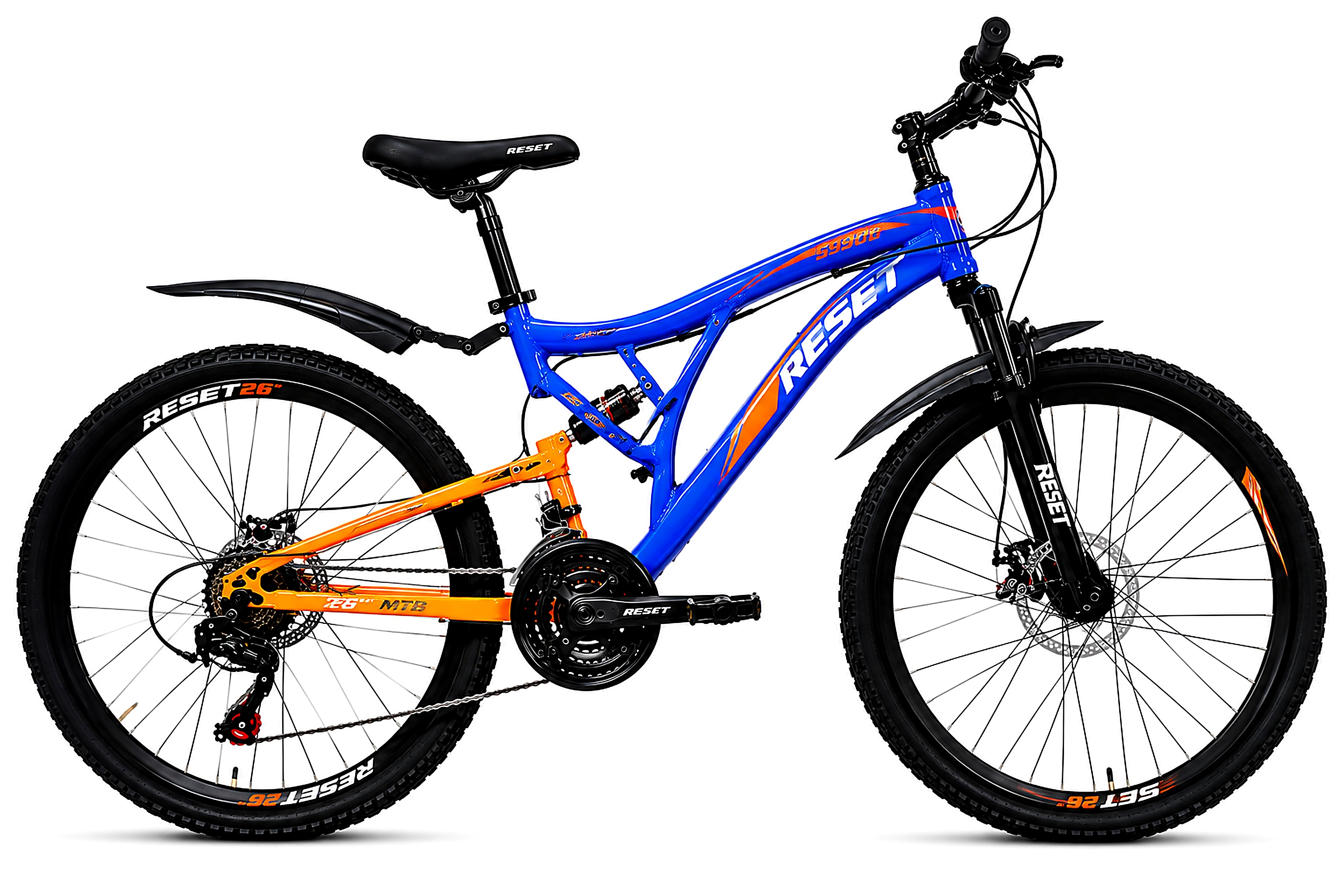 RESET 26-inch full suspension mountain bike in blue and orange with front suspension fork, rear shock absorber, mechanical disc brakes, 21-speed gears, and all-