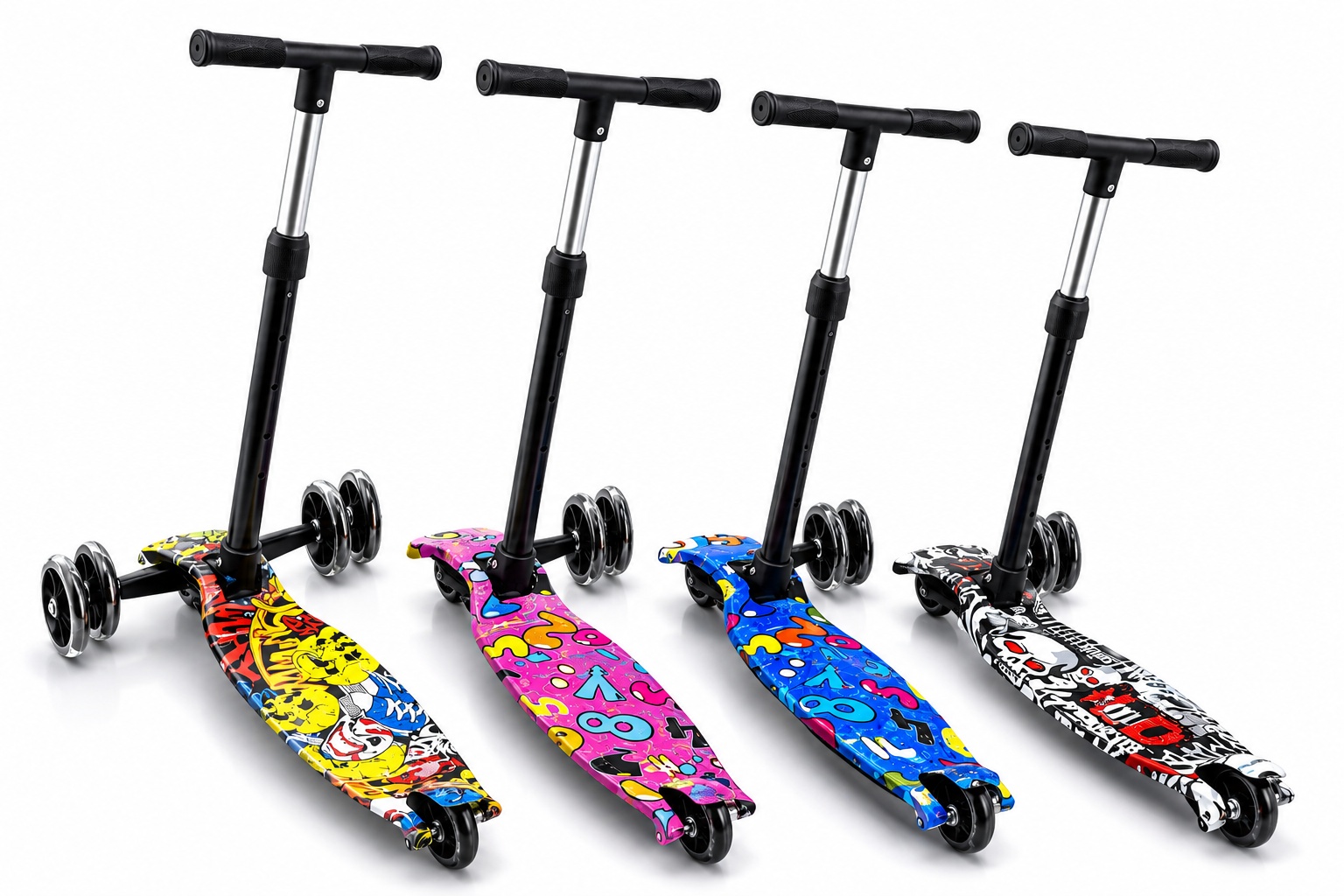 Kids adjustable three-wheel scooters featuring colorful graffiti graphic decks, height-adjustable handlebars, and stable multi-wheel design.