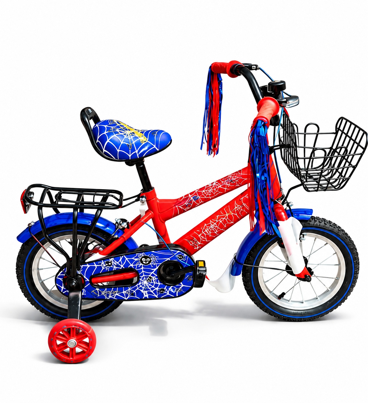 Super Royal 12-inch Spider-themed kids bicycle with removable training wheels, front basket, rear carrier, enclosed chain guard, and mudguards.