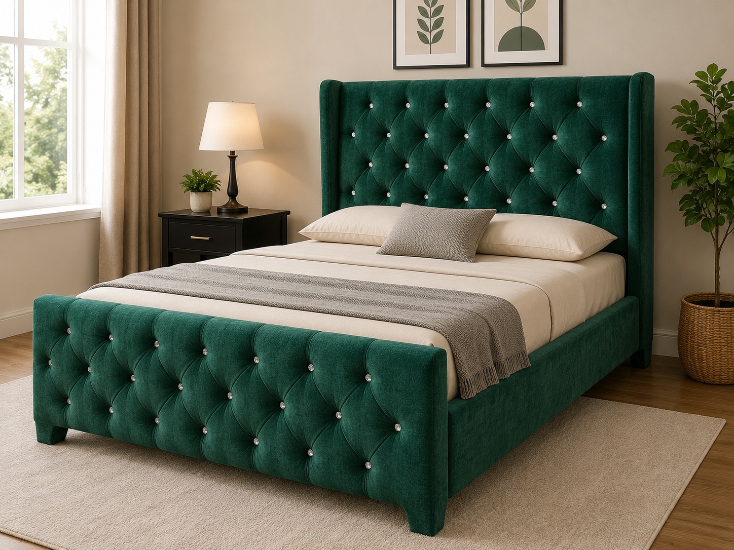 Luxury green velvet upholstered 5x6 bed with diamond-tufted headboard and footboard, featuring crystal button accents and premium bedroom design.