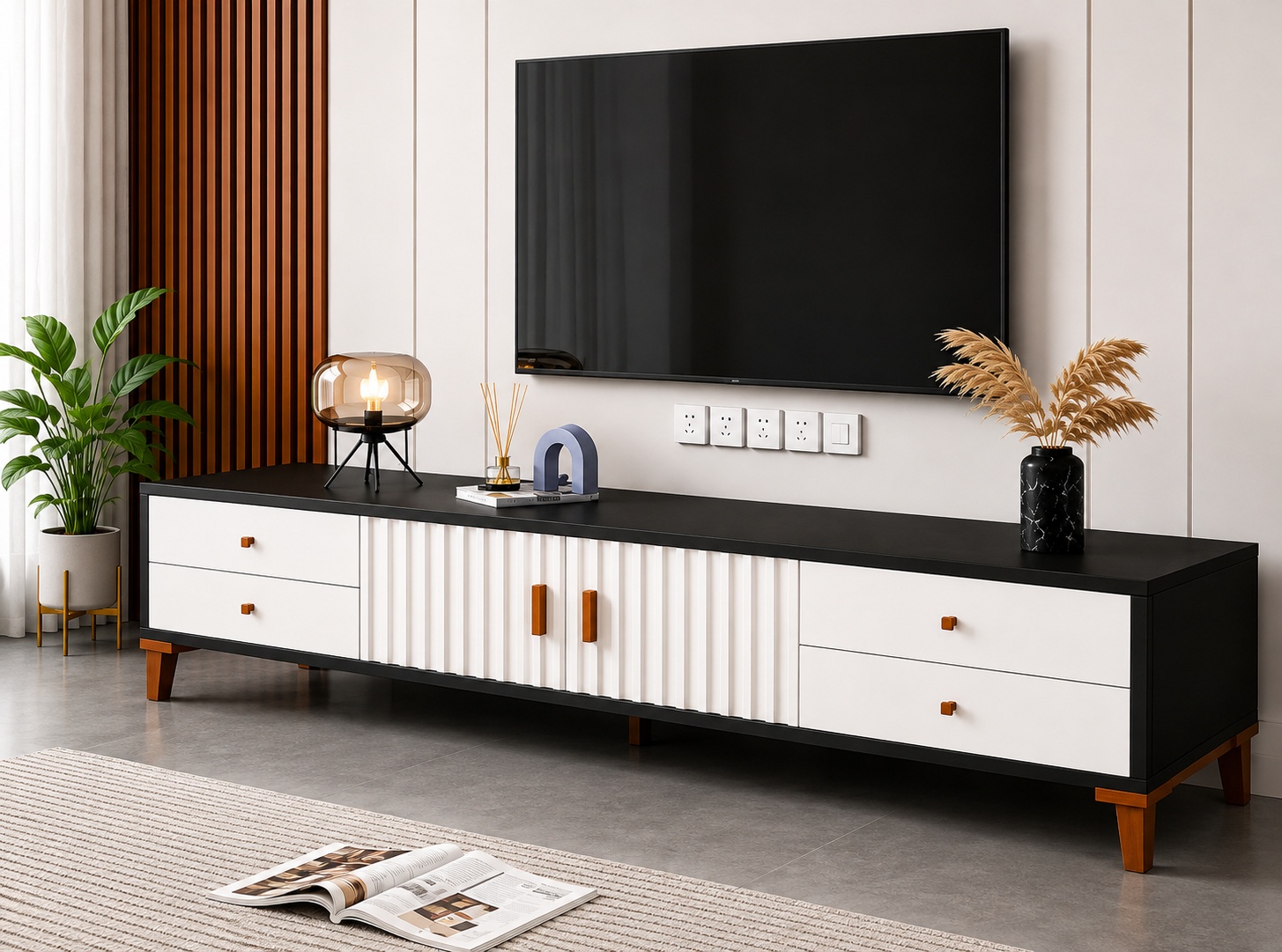 6ft black and white modern TV console with ribbed centre doors, drawers and wooden tapered legs