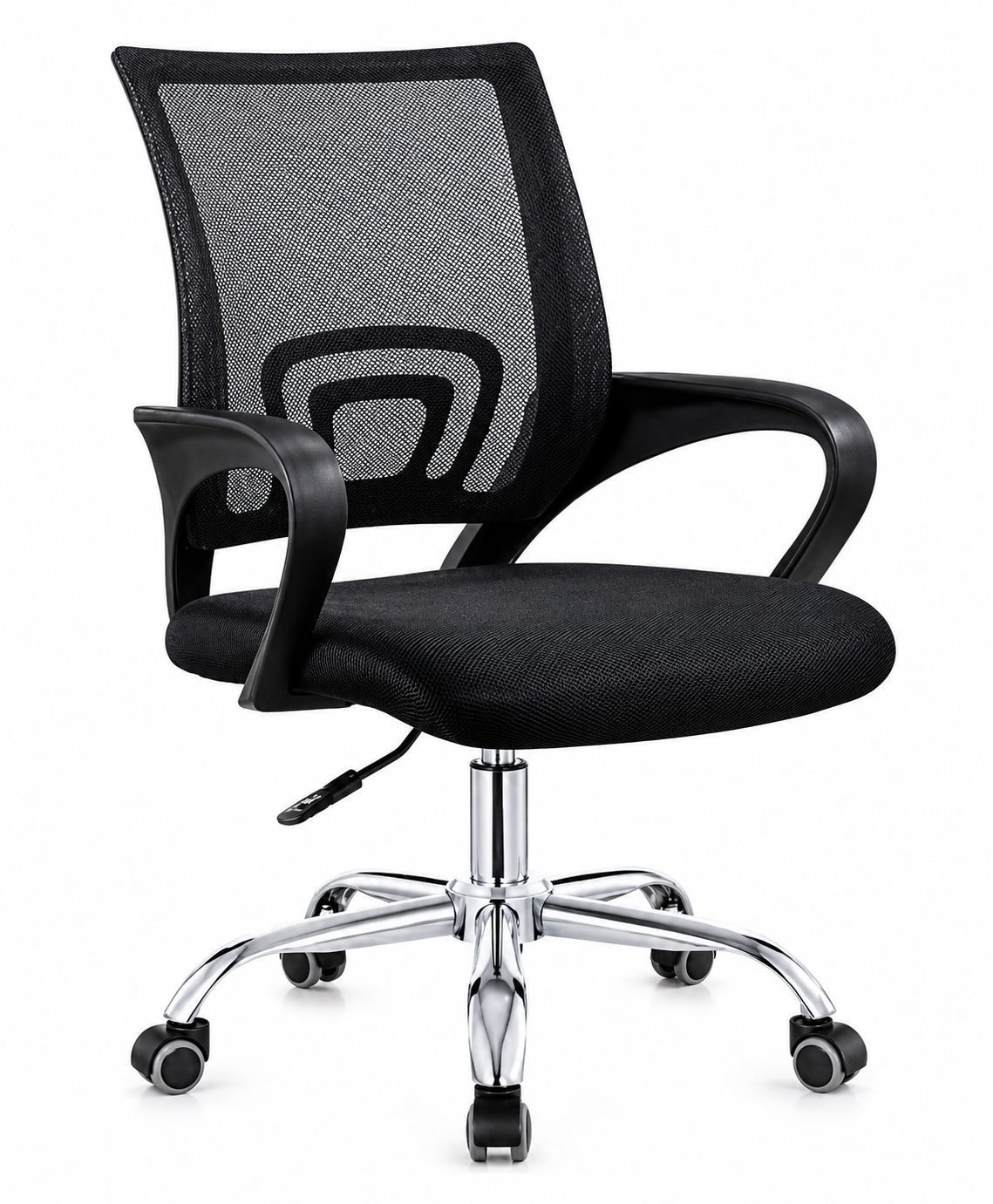 Black ergonomic mid back mesh office chair with breathable mesh backrest, padded fabric seat, fixed armrests, chrome base, and caster wheels.