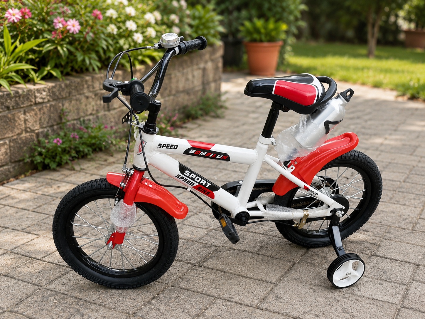 Size 14 Sport Bike for kids with sturdy frame, training wheels, comfortable seat, and sporty design for safe and enjoyable riding.